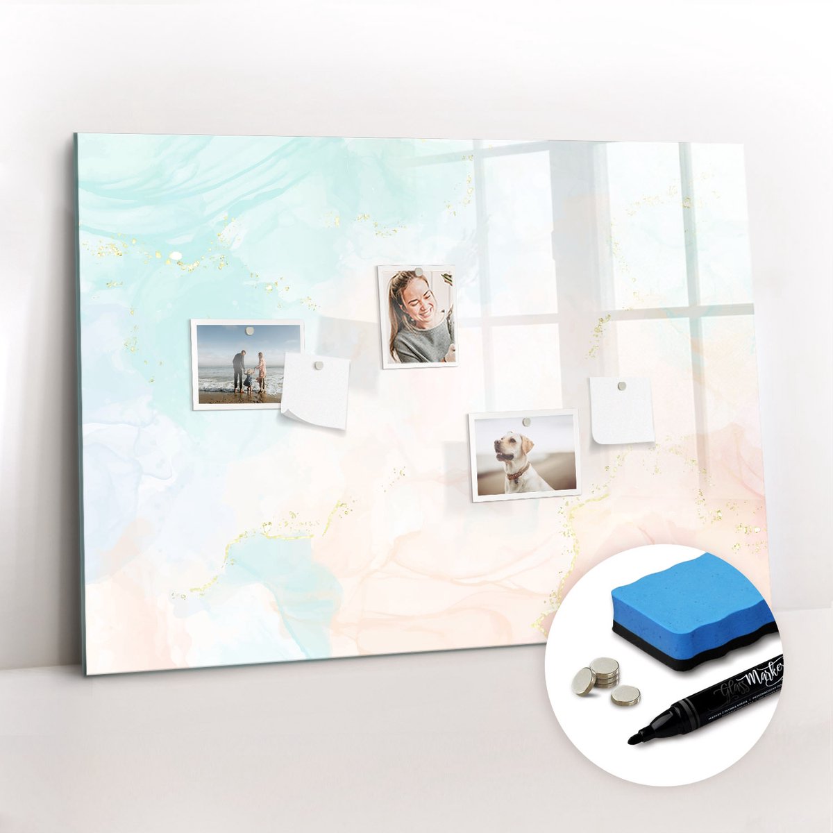 Tulup Whitebord - Aquarel marmer - 100 x 70 cm - Veelkleurig Memo Bord - Gratis 5 Sterke Magneten + Whiteboard Marker & Wisser - Interieur Accessoires Kantoor - Magnetic Board - Ideeënbord Thuiswerkplek