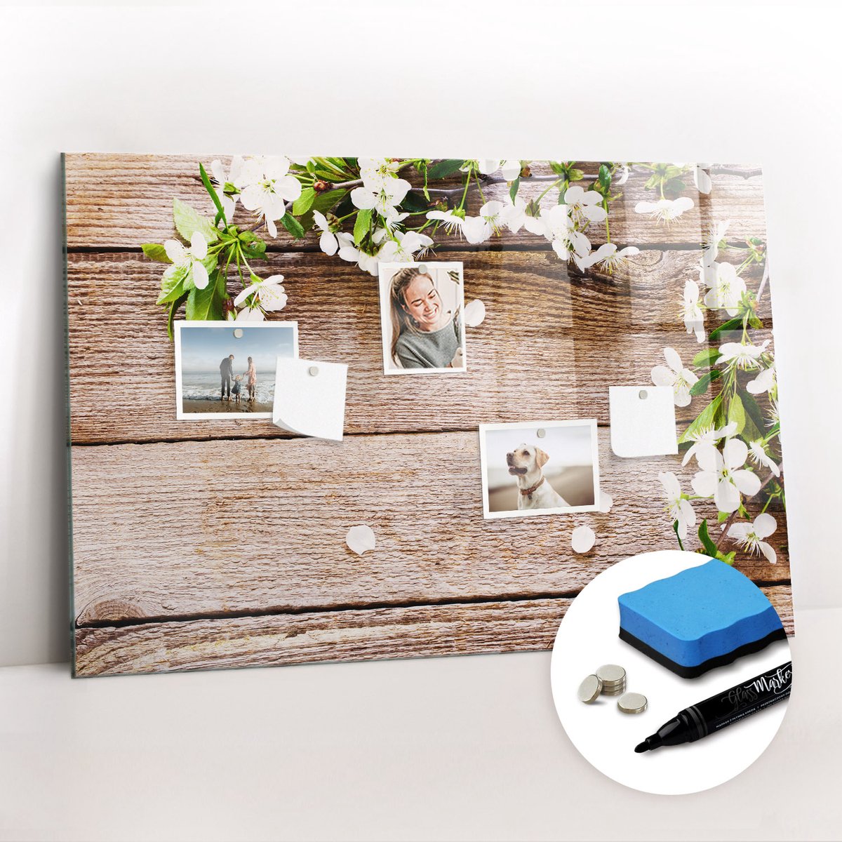 Tulup Whitebord - Bloemen op hout - 90 x 60 cm - Bruin Magneetbord Keuken - Gratis 5 Sterke Magneten + Whiteboard Marker & Wisser - Stylish Memo Board - Memobord Keuken - Notitiebord Werkplek