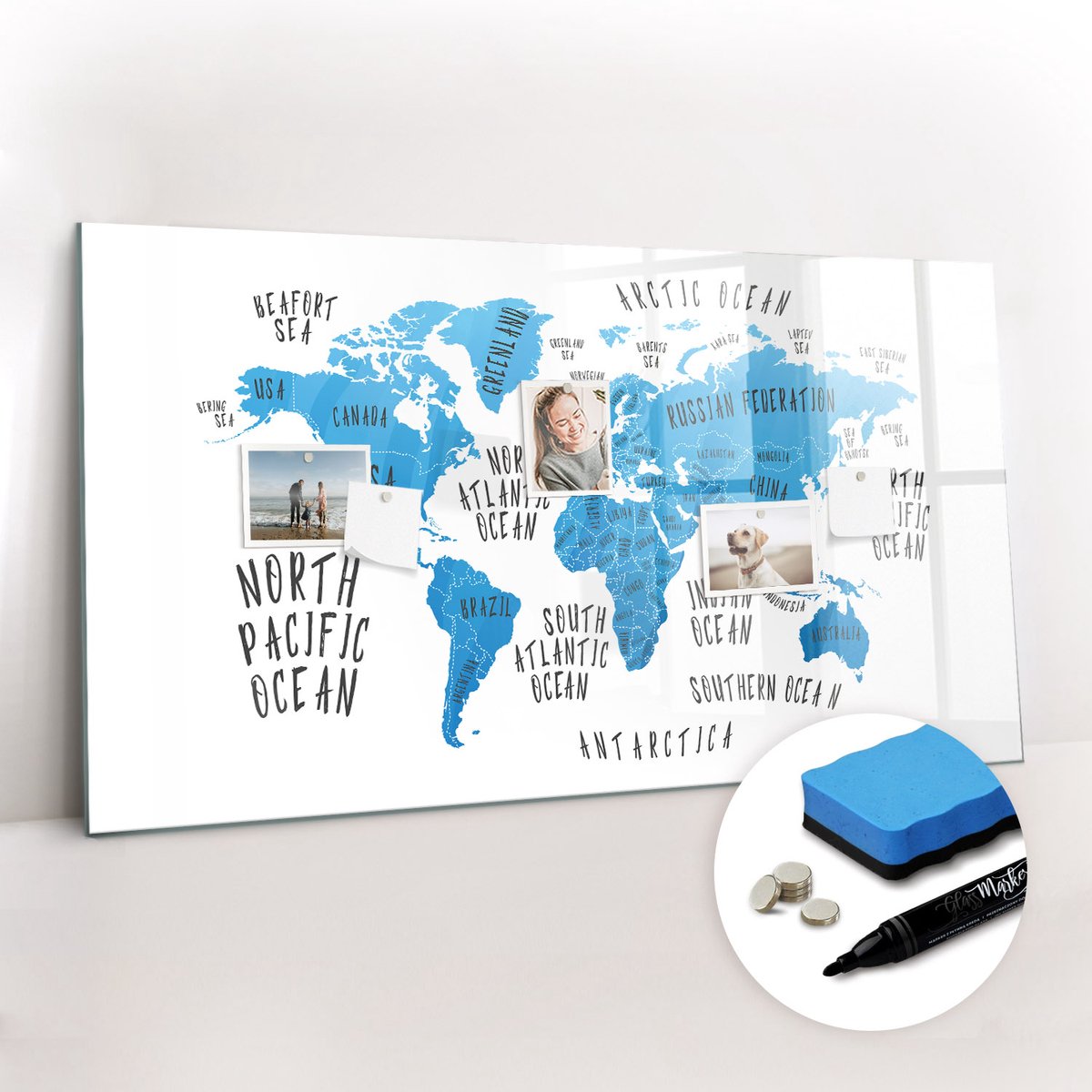 Tulup Whitebord - Blauwe kaart van de aarde - 120 x 60 cm - Blauw Foto Magneetbord - Gratis 5 Sterke Magneten + Whiteboard Marker & Wisser - Organizer Muur - Magnetic Board - Planning Muur