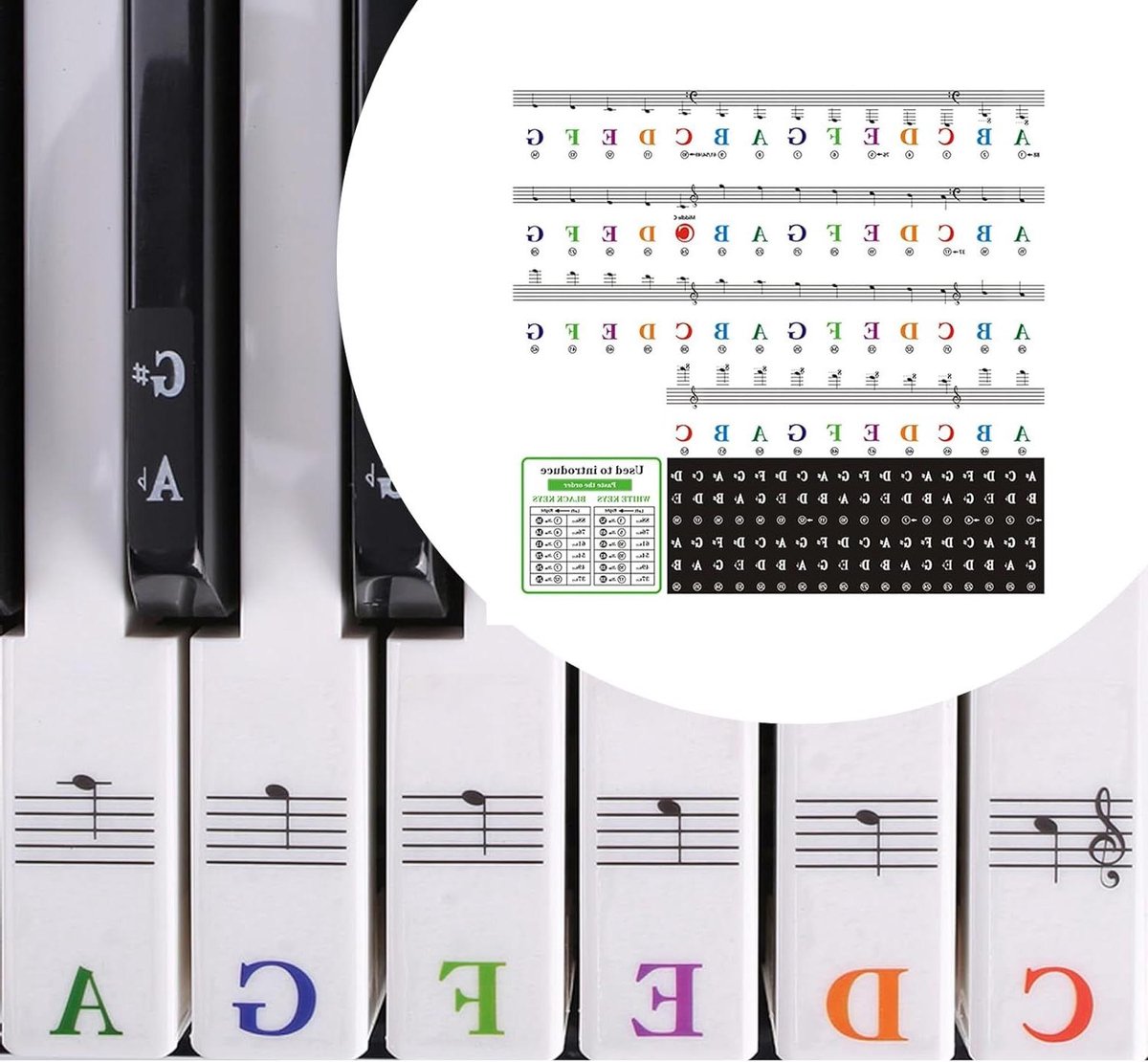 Muziek Noten Stickers - Piano Stickers - Muziek Leren - Dubbele Muziekbalk - 88 Stuks - Multicoloured