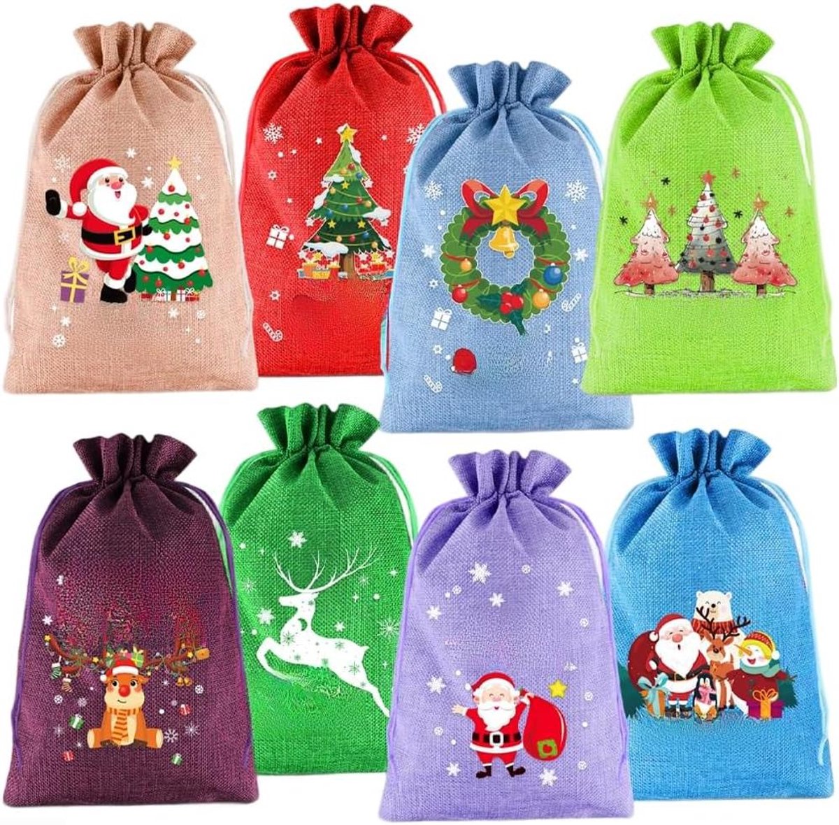 Jute Kerst Tas - Trekkoord Zak - Feestelijke Cadeaus - Stevige Constructie - 20x30 Cm - Multicolor