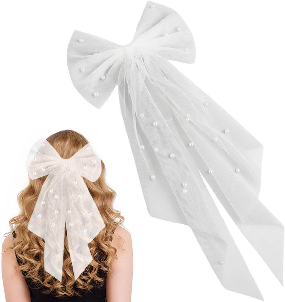 Bruidssluier met Strik - Bruiloft Accessoires - Bruidsfeest - Met Parels - Kort Model - Wit
