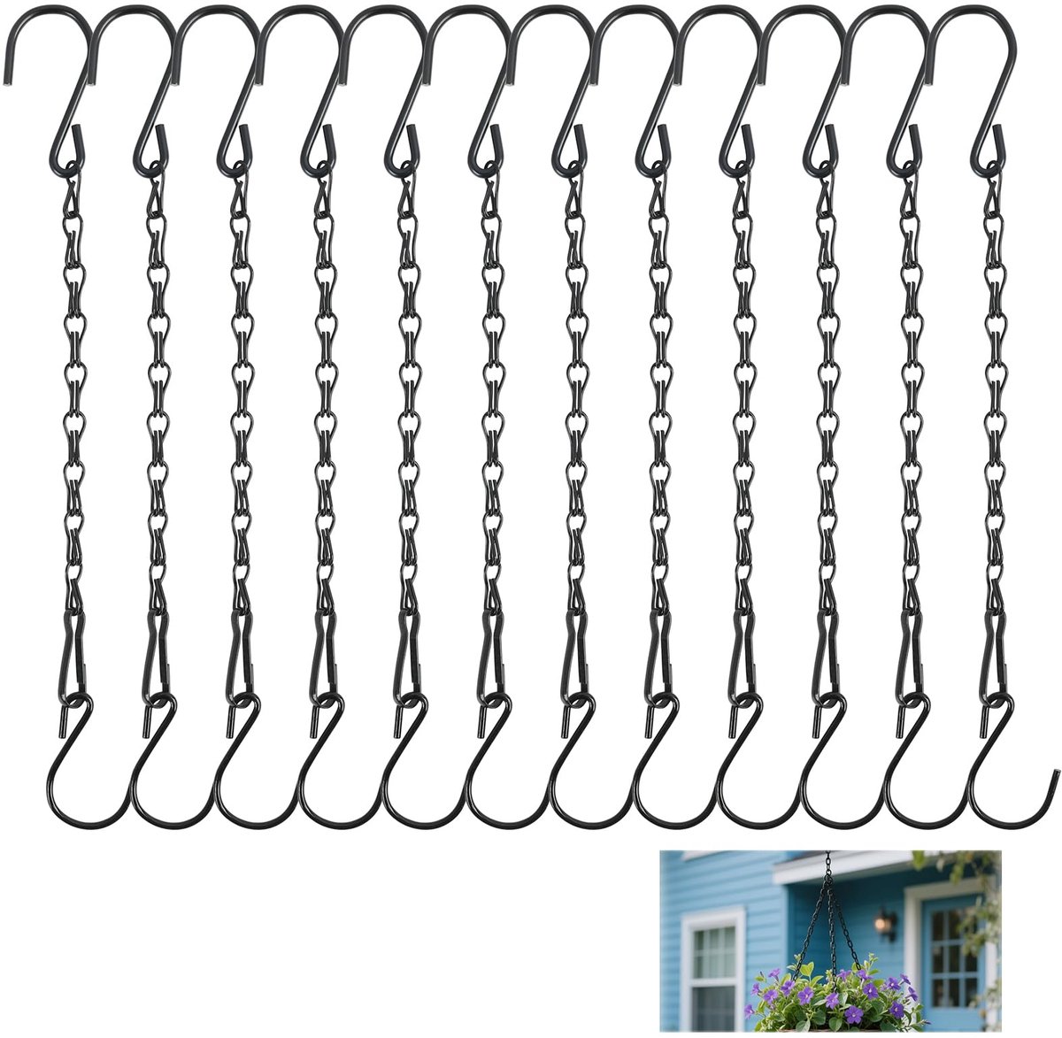 Set van 12 zwarte hangende kettingen voor manden, 25 cm tuinplantenhangers, metalen kettingen met haken en clips voor vogelvoeders, windgong en lantaarns, plantenbakken en decoratieve ornamenten