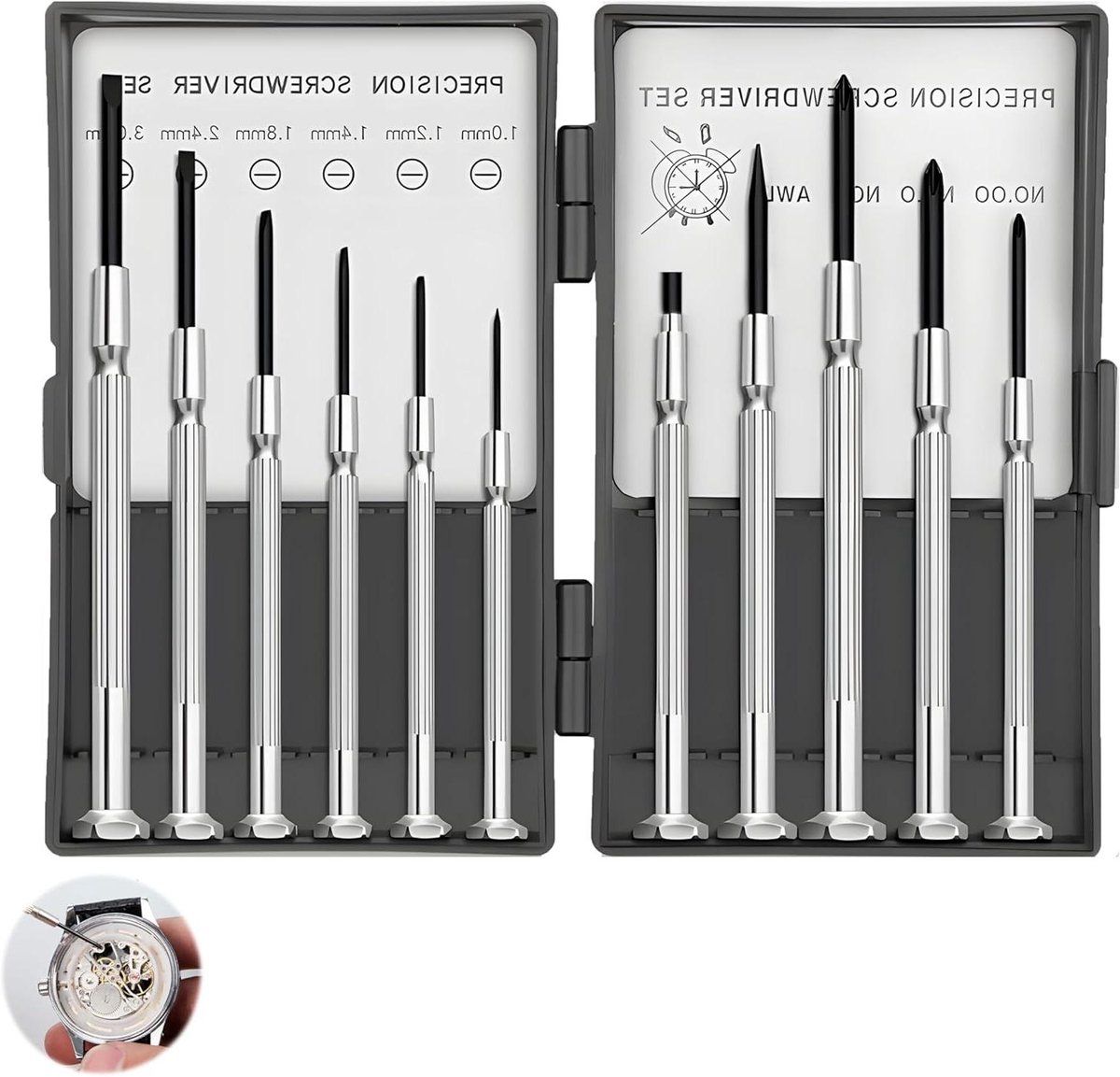 Precisieschroevendraaierset - Mini schroevendraaiers - Kleine reparaties - 11-delige set - Compact - Zilver