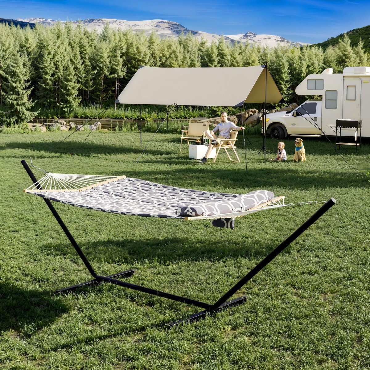 Hangmat met Spreidstok voor 2 Persoons - Stalen Standaard - Schommelbed Buiten en Binnen - Kussen - Verstelbaar - 200kg Draagvermogen - Voor Tuin Terras Strand - Lichtgrijs