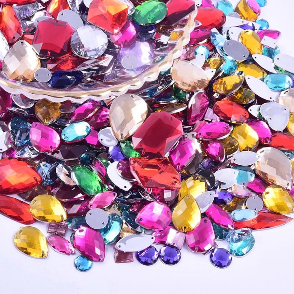 100 stuks glittersteentjes om aan te naaien, acrylstenen, strass-steentjes om met de hand te naaien, verschillende vormen, 4-30 mm, platte strassteentjes, voor doe-het-zelf handwerk