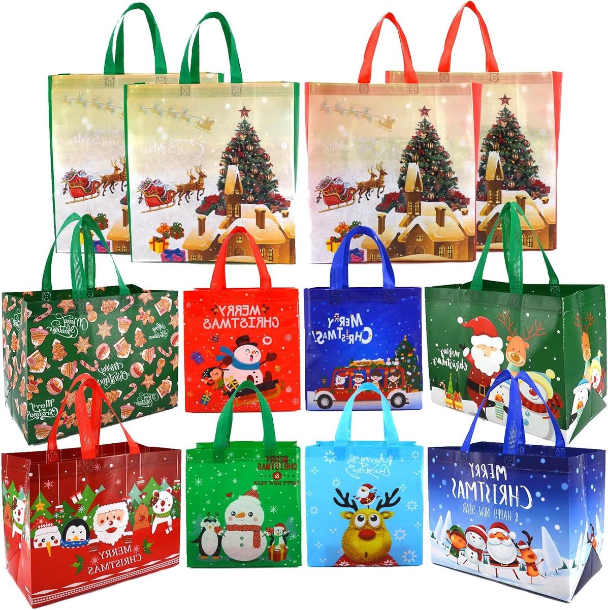 Kerst Tassen - Feestelijke Draagtassen - Cadeaus Inpakken - Herbruikbaar Waterbestendig - 12 Stuks 3 Maten - Meerkleurig