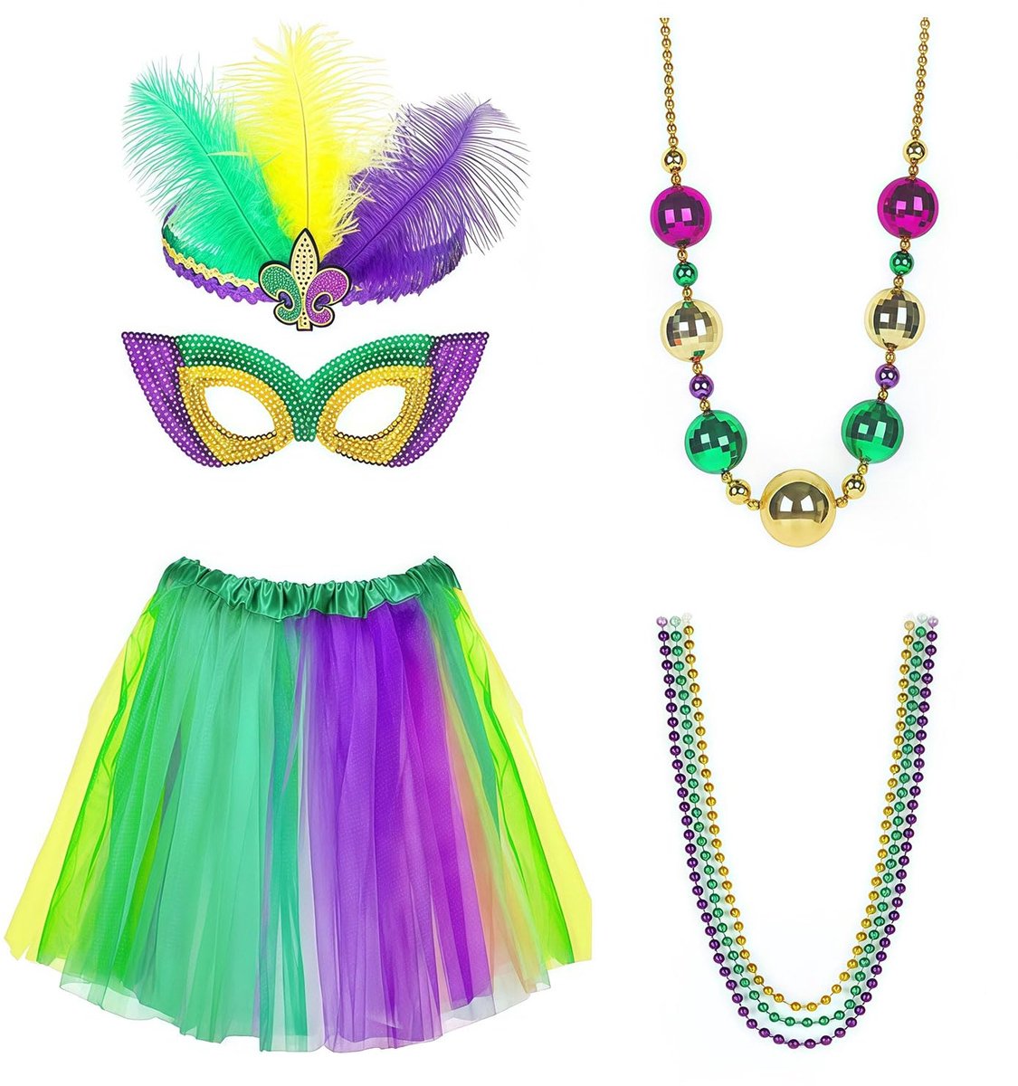 7-delige Carnavalsaccessoiresset voor Dames – Tutu Rok, Verenboa, Parelketting, Masker & Hoofdband als Mardi-Gras Outfit Aanvulling voor Carnaval en Feest