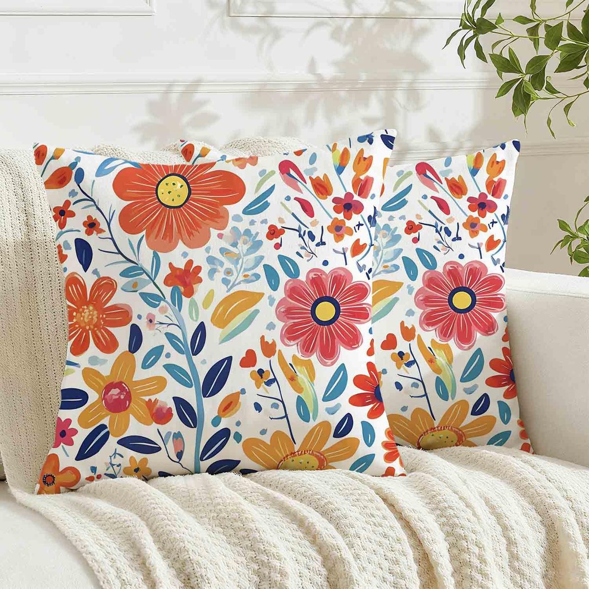 Lente, 50 x 50 cm, bloemen, rood-blauw, kussenhoezen, zomer, hoofdkussen, outdoor, kussenhoezen, kleurrijk, bankkussen, overtrek, sierkussenhoezen, woonkamer, tuin, bank, decoratie