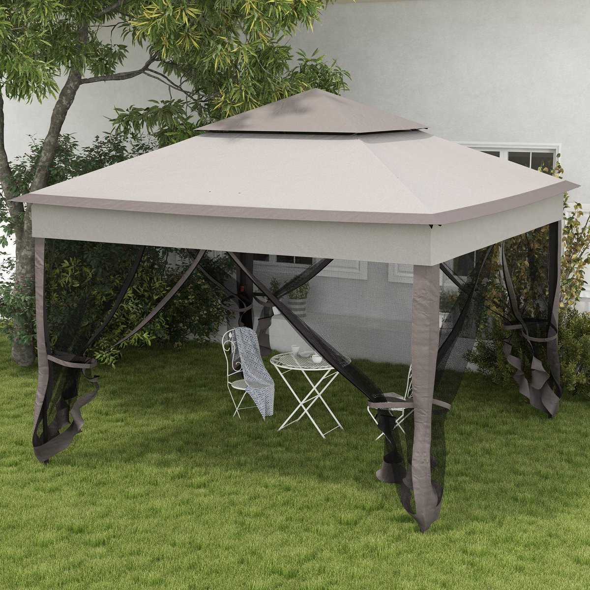 MEUNIQ vouwpaviljoen 325 x 325 x 270 cm met muggengaas zijwanden, ventilatiedak, metalen frame en haringen voor tuin, terras en buitenactiviteiten lichtgrijs