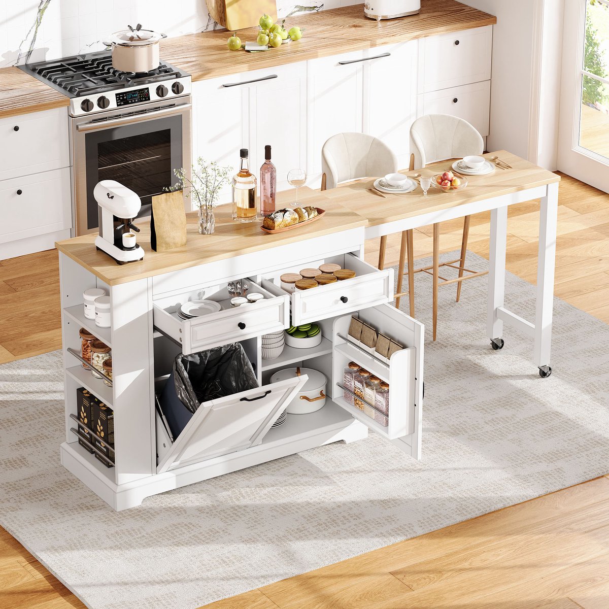 Sweiko Dressoir - Keukeneiland - Uitschuifbare bartafel - Met wieltjes - Met afvalbakvak - 2 lades - Wit + Natuurlijk