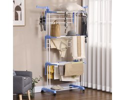 MEUNIQ Droogtoren 73 x 64 x 177 cm 4 niveaus met wielen en ophaakhaken uitklapbaar vrijstaand wasrek voor binnen en buiten staal blauw