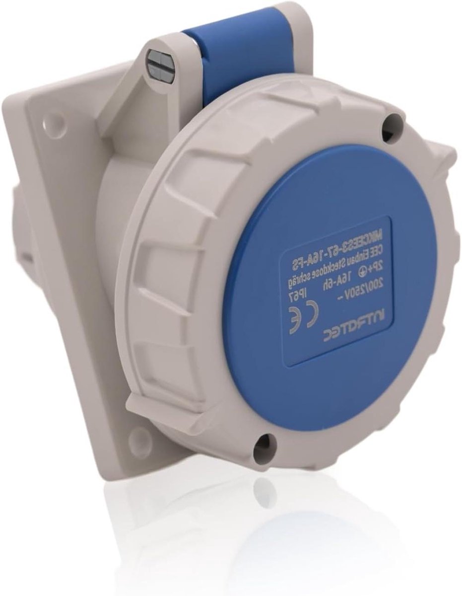 Inbouwstopcontact Schuin - Industriestekker Krachtstroom - Stroomvoorziening Buiten - IP67 Waterdicht - 16A 3-polig - Blauw Grijs