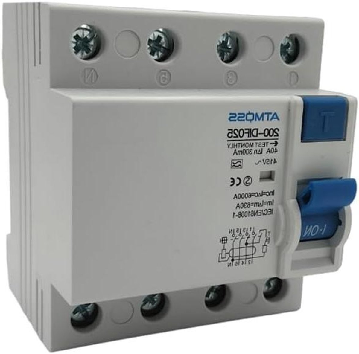Aardlekschakelaar - Differentieelschakelaar RCD - Elektrische Veiligheid - Klasse A 300mA - 4P 40A - Grijs