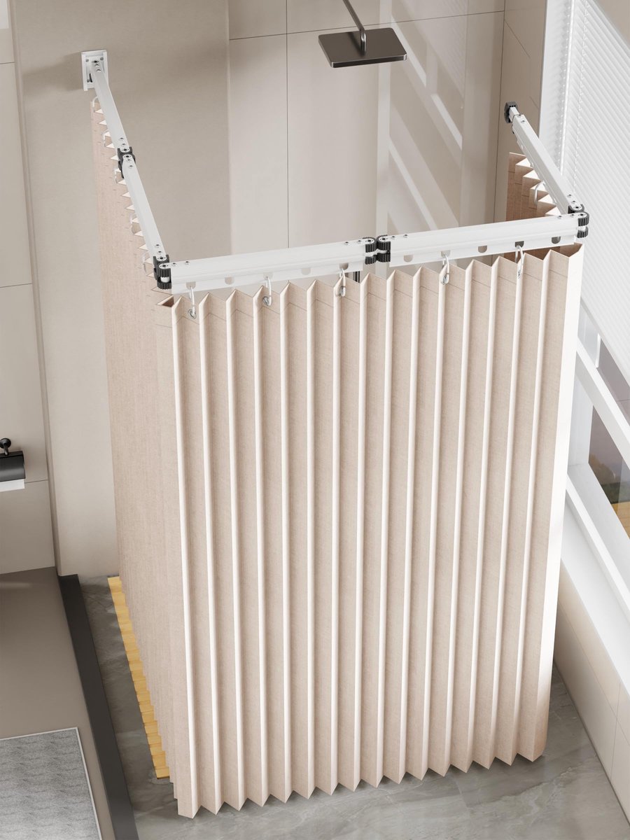 Douchegordijnstang Zonder Boren, Opvouwbaar 2m, met Douchegordijn 1,8×2m, 5-Voudige Stang en 25,5 cm Telescopische Stang, voor Badkamer, Kleedkamers, Campers (Wit)