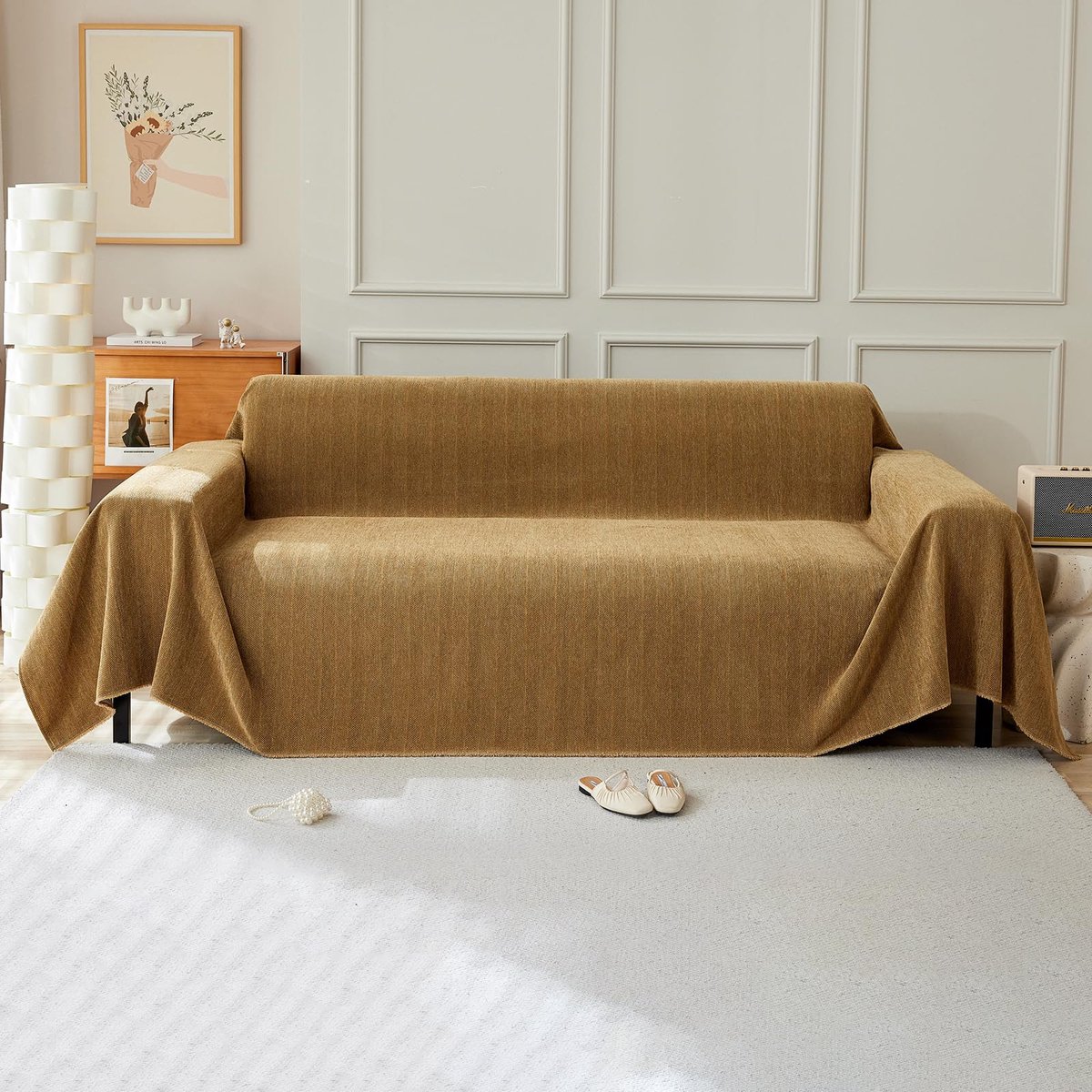 Effen kleur bankovertrek met decoratieve franjes sprei, multifunctionele chenille bankdeken, ideaal voor bank, bank en bed, 230 x 420 cm, kaki