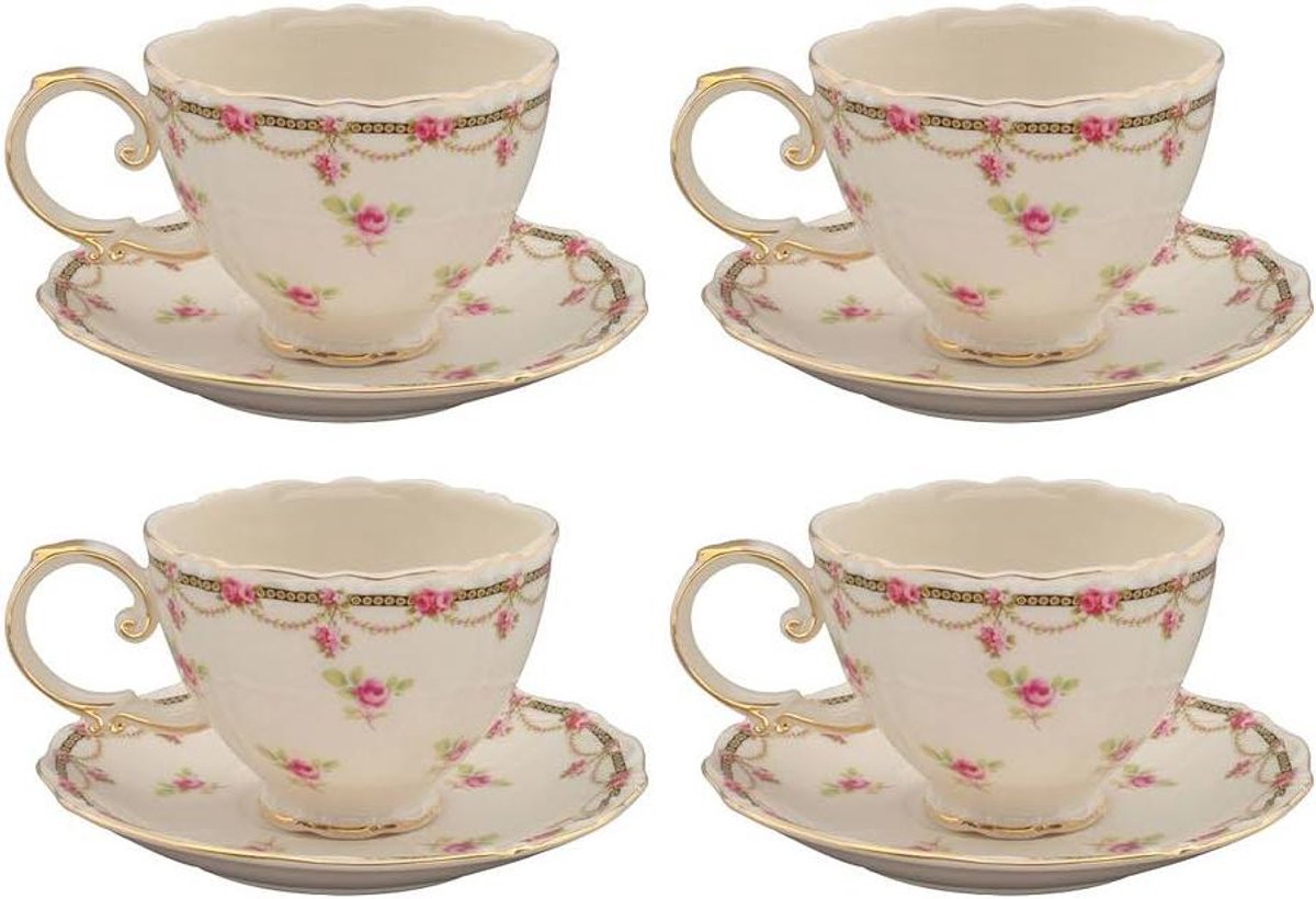 Set van 4 Vintage Porseleinen Theekopjes en Schotels met Bloemenpatroon
