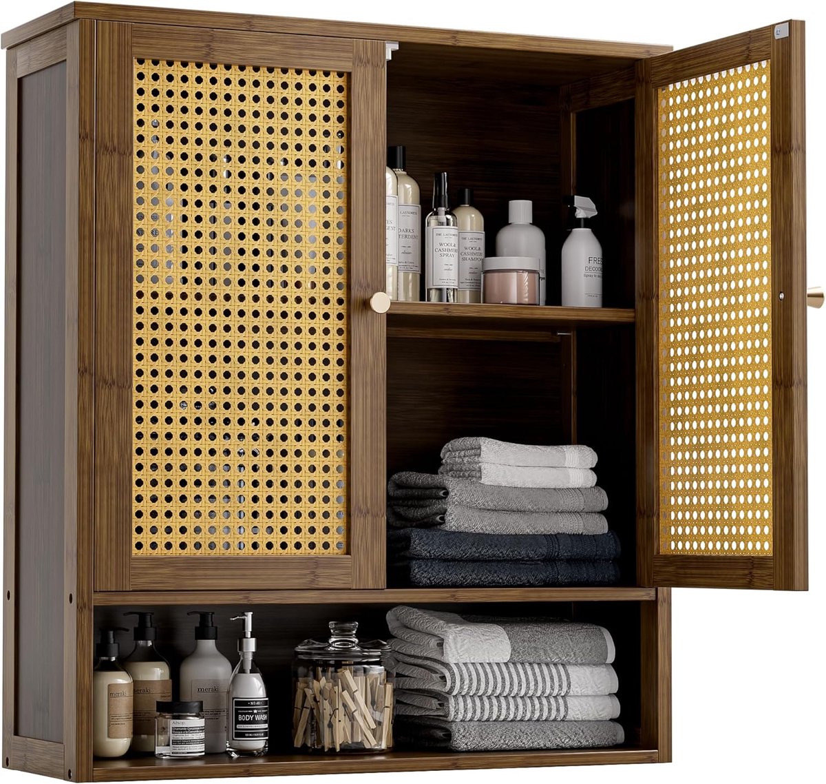 Wandkast, Bamboe Boven-Het-Toilet Opbergorganizer met 2 Rotan Deuren en Verstelbare Plank, Ruimtebesparende Medicijnkast voor Wasserij, Keuken, Woonkamer (Walnoot)