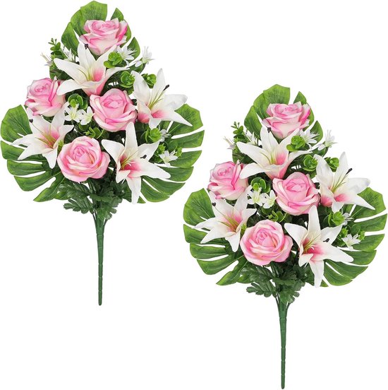 Set van 2 Kunstmatige Grafbloemen met Chrysanten en Lelies voor Grafdecoratie, Begraafplaats, Rouwdecoratie en Herinneringen