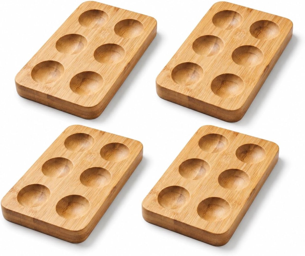 Eierdopjes van bamboehout (6 eieren), rechthoekig organizerdienblad voor koelkast en werkblad, plat ontwerp voor het serveren van gevulde, rauwe en gekookte eieren, moderne rustieke stijl (4)