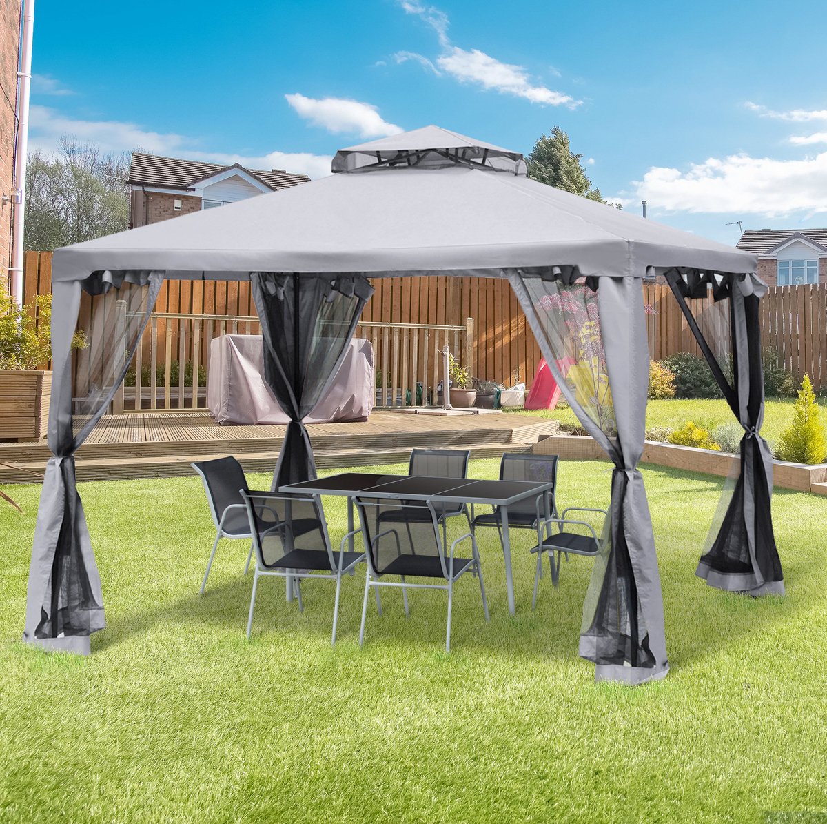 MEUNIQ paviljoen 294 x 294 x 265 cm met 4 zijwanden, dubbel dak, metalen frame en polyester dak voor tuin, picknick en buitenactiviteiten, grijs