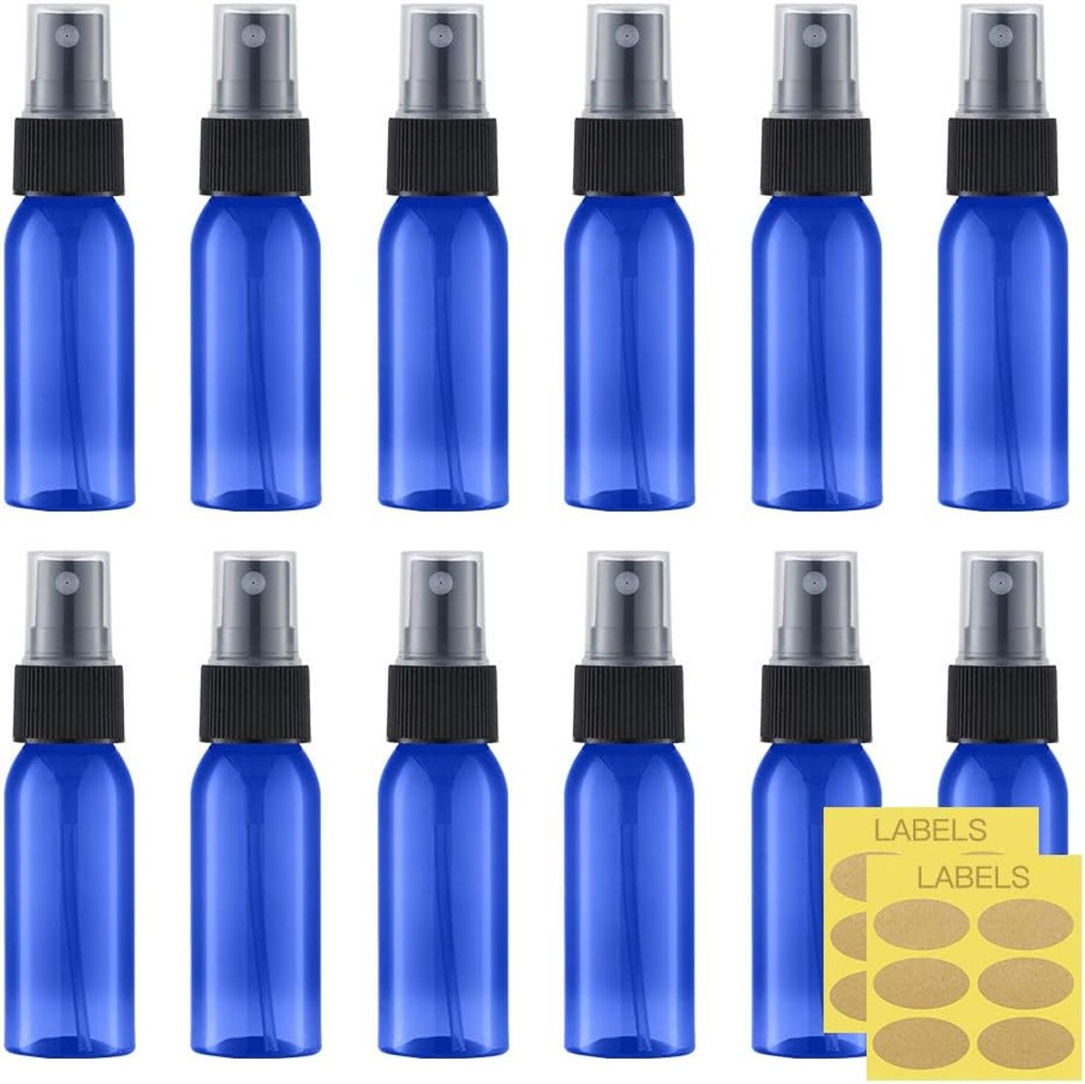 Sprayflesjes 30ml 12 Stuks Blauw, Hervulbare Verstuiver Flesjes met Labels, BPA-vrije Plastic Reisflesjes voor Parfum, Cosmetica, Toner, Haarmist en Reizen