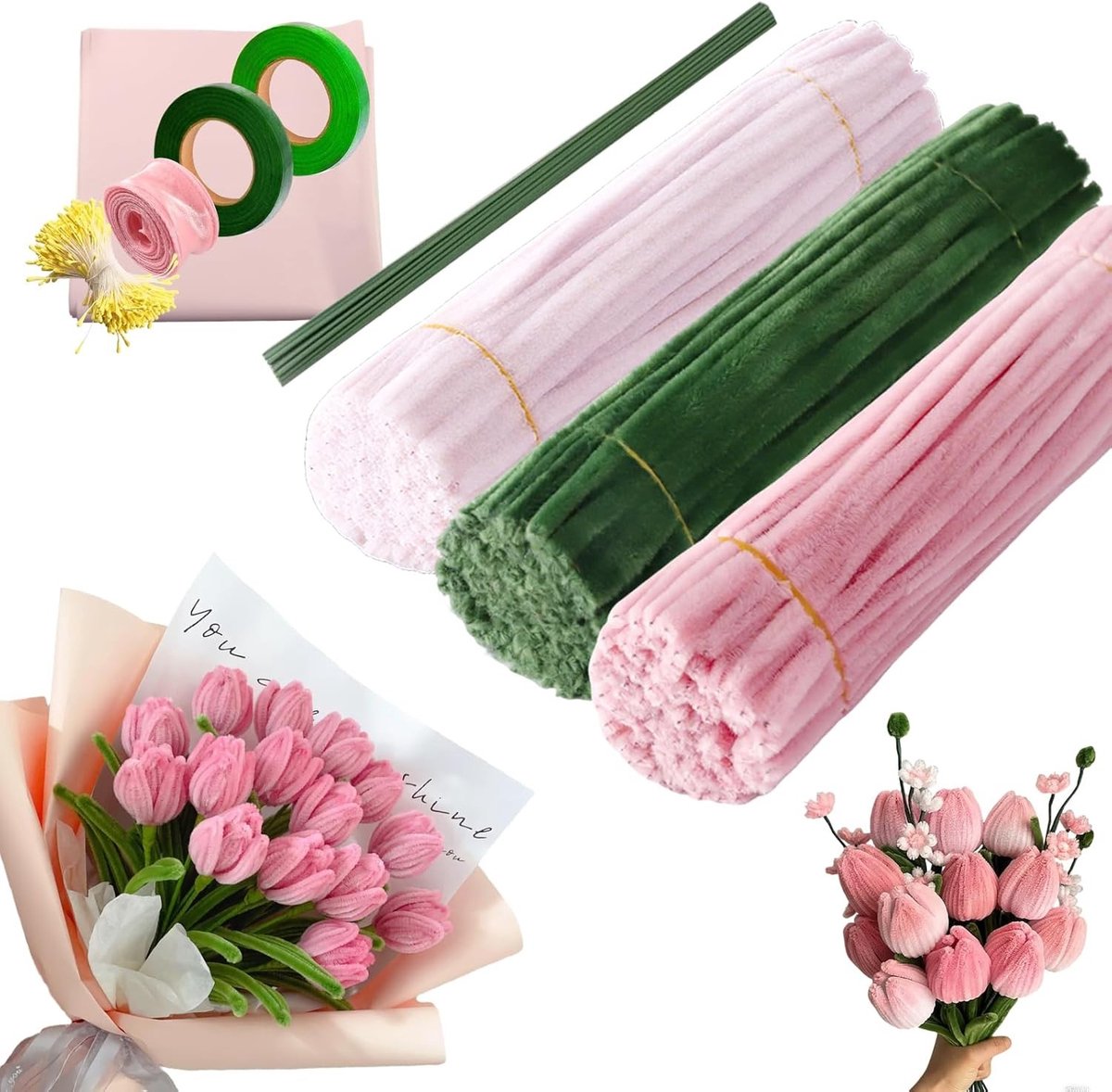 300 Stuks Pijpenragers Set voor Creatieve Projecten - Bloemen, Kransen en DIY Boeketten voor Moeder en Vriendin (Roze, Lichtroze, Groen)