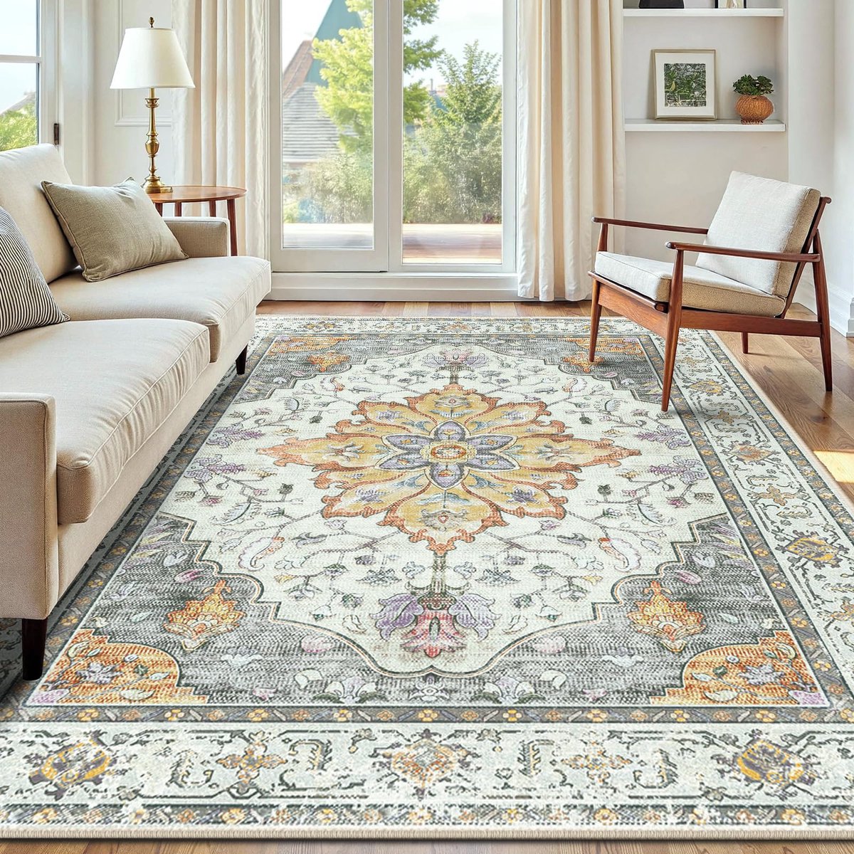 Machinewasbare Tapijten 180x270 cm Vintage Boho Vloerkleed Laagpolig Antislip Tapijt met Print Patroon voor Woonkamer Slaapkamer Huiskontoor Binnenhuis Lichtgeel/Koolstofgrijs/Oranje