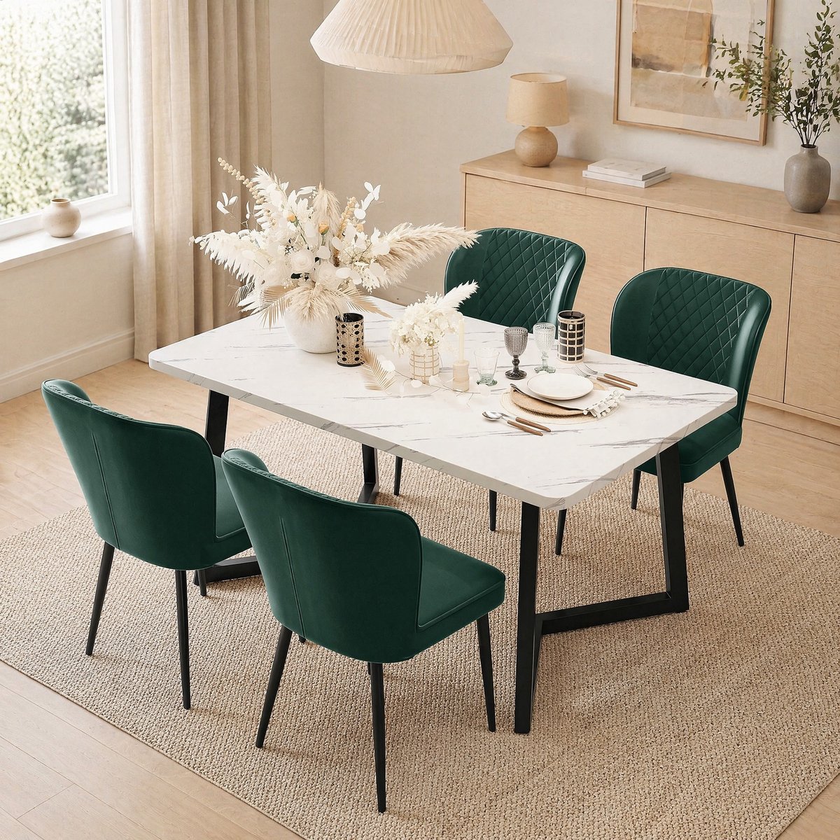 DESMIU Eetkamerstoel 47 Cm - Set Van 4 Met Rugleuning En Gewatteerde Zitting - Voor Eetkamer En Keuken - Velvet Donkergroen