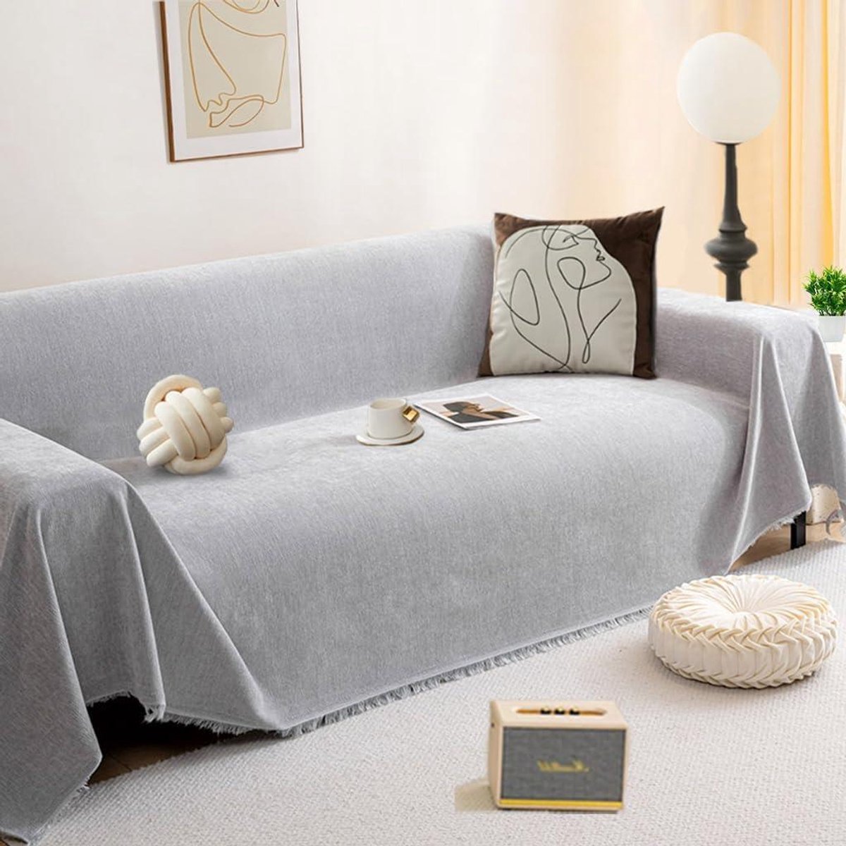 Bankdeken Chenille - Plaid Bank Bankbeschermer - Meubels Beschermen - Antislip Onderkant - 180 x 150 cm - Lichtgrijs