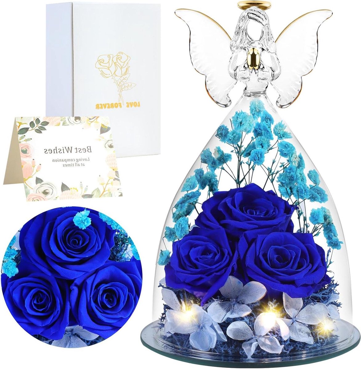 Eeuwige Roos Engel - Rozenengel Beeld - Cadeau Geven - Echte Bloemen - 13 x 12 x 13 cm - Blauw