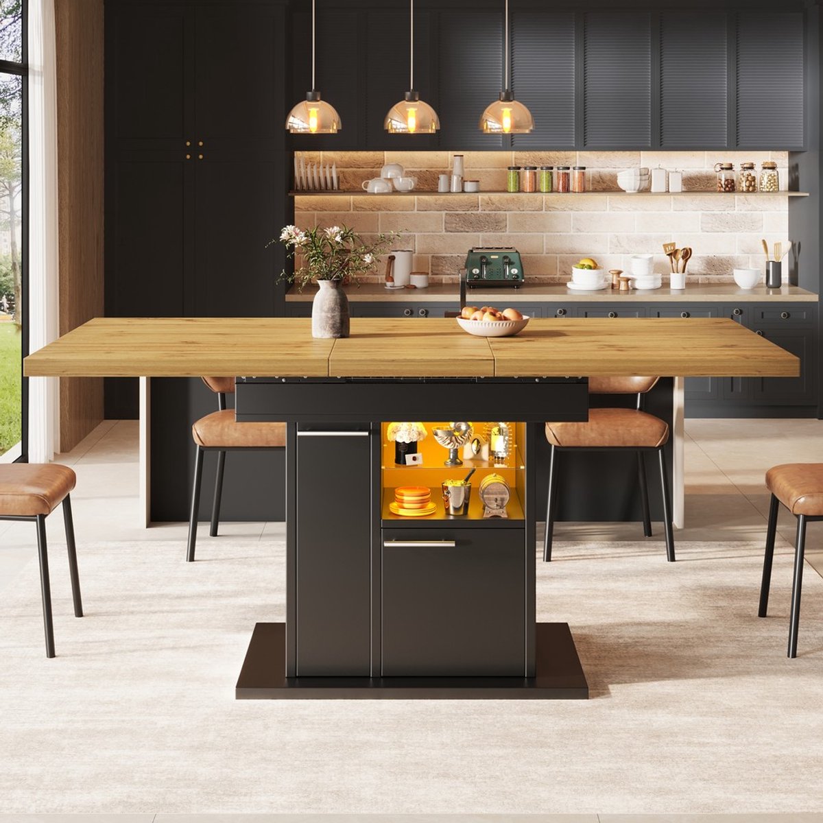 KOMHTOM Eettafel Uitschuifbaar - 4-6 Personen - Met Opbergruimte - LED Verlichting - Glazen Planken - Ruimtebesparend - Modern Design - Keukentafel Eetkamertafel - Klein Woonkamer - Zonder stoelen