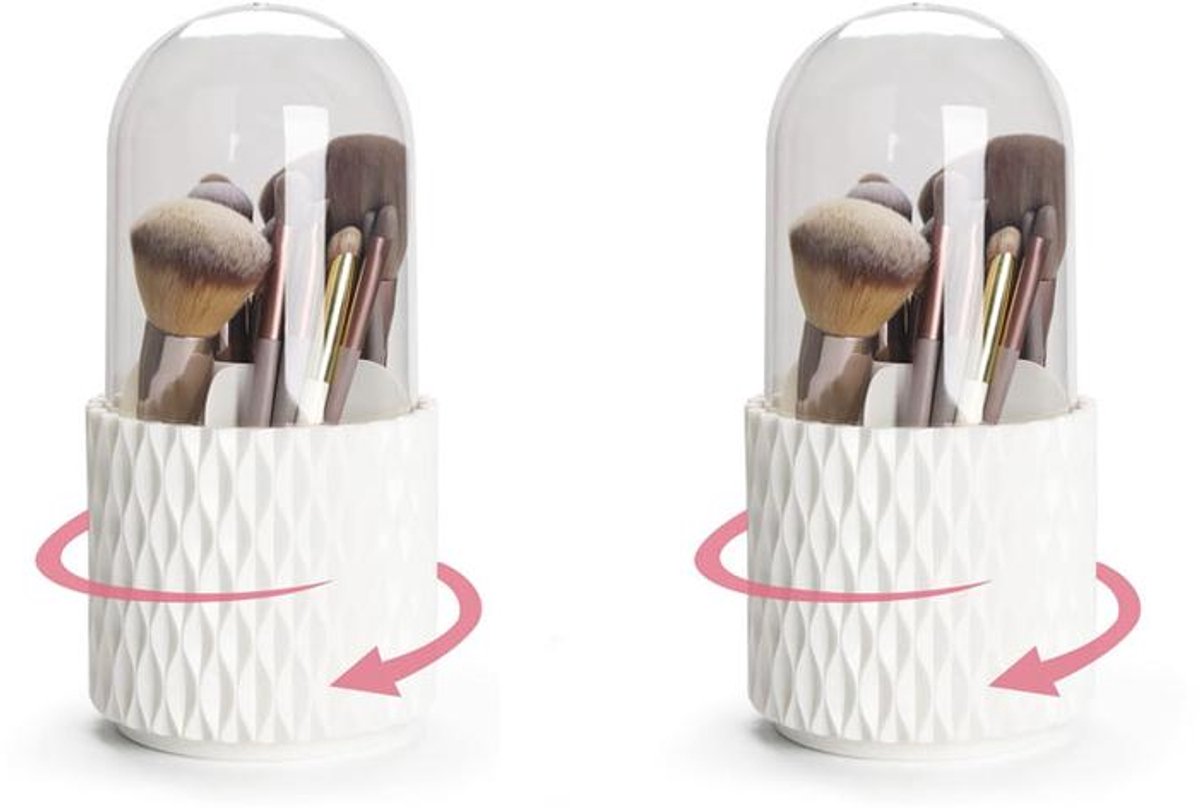 KZQ Cosmetica-organizer - 360° draaibaar cosmeticarek met transparante stofkap en 5 vakken - Geschikt voor make-upkwasten, pennen en kantoorartikelen - Compact en stofbestendig - 11,8 x 24 cm, wit/transparant
