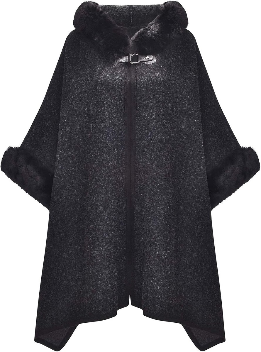 Winter imitatiebont cape warme gebreide poncho's sjaals met capuchon, Zwart, One Size