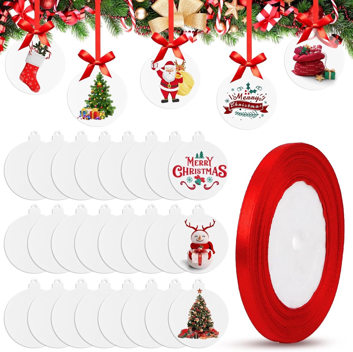 24 stuks acryl ornamenten, wit, transparant, doe-het-zelf ornamenten met rood lint, acryl schijven, kersthangers voor kerstballen, boomdecoratie, daghandwerk