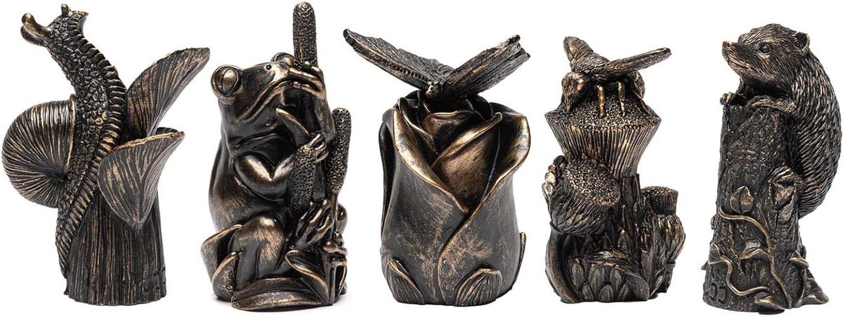 Potty Feet Riet Toppers - Tuindecoratie Beelden - Planten Steunen - Handgeschilderd Ontwerp - Set van 5 - Bronskleurig