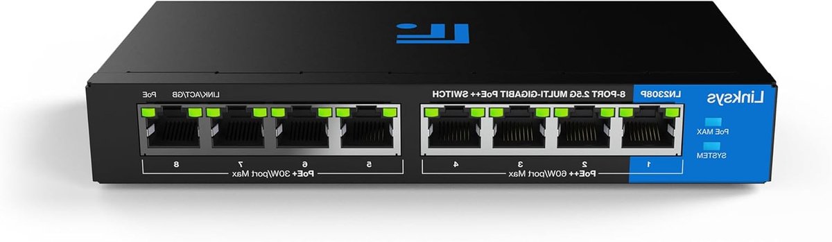Netwerk Switch - PoE Switch - Netwerk Uitbreiden - 8 Poorten Multi-Gig - 180W PoE Budget - Zwart