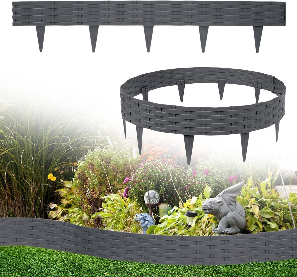 Gazonrand Kunststof - Tuinrand Perkrand - Tuin Decoratie - Rotan Look - 10 Meter - Antraciet