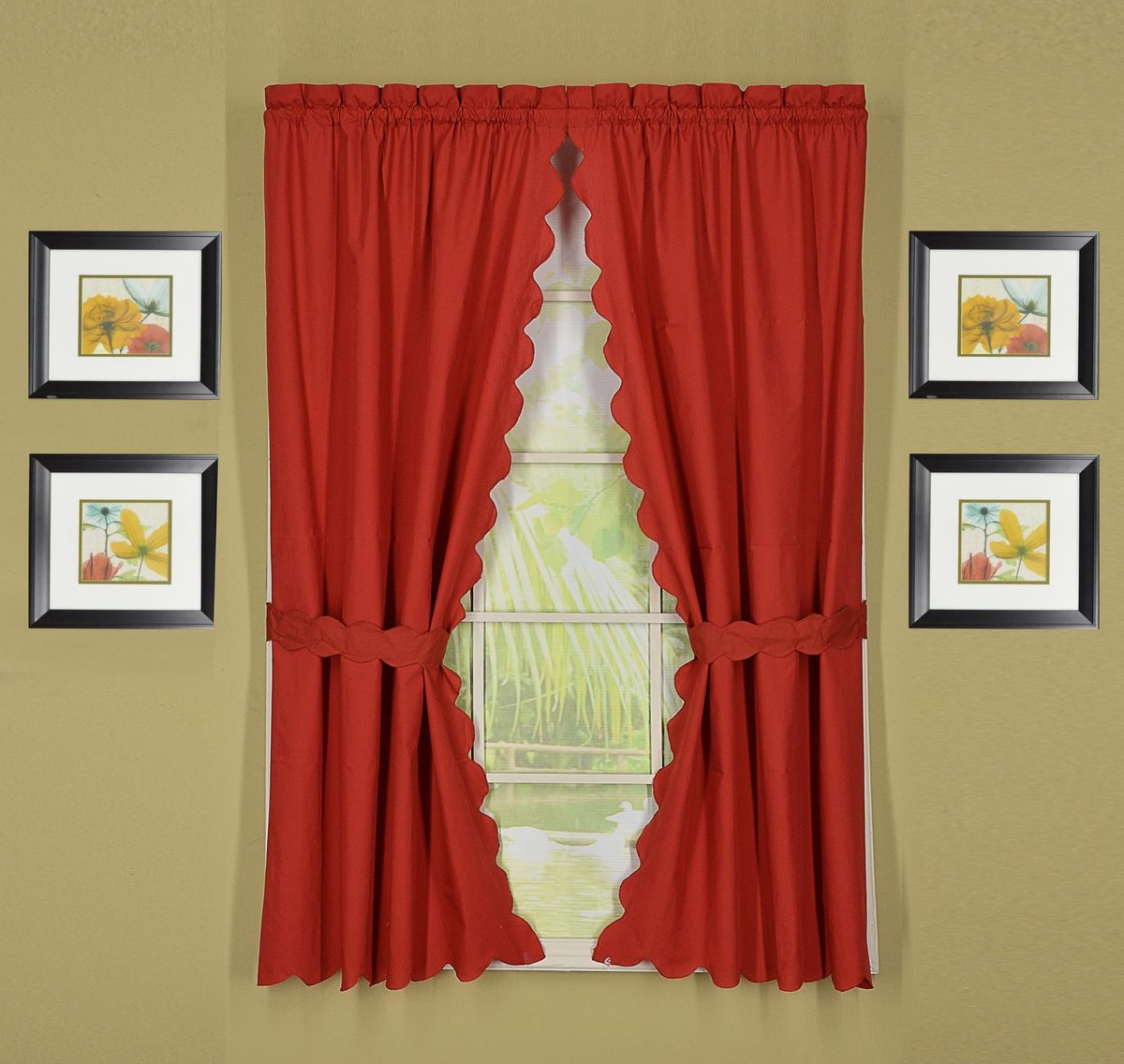 Curtain Orleans 63 inch Paneel Paar met Tiebacks Tambour Sint-jakobsschelp rand gordijn, baksteenrood, 152,4 cm B x L (Pack van 1)