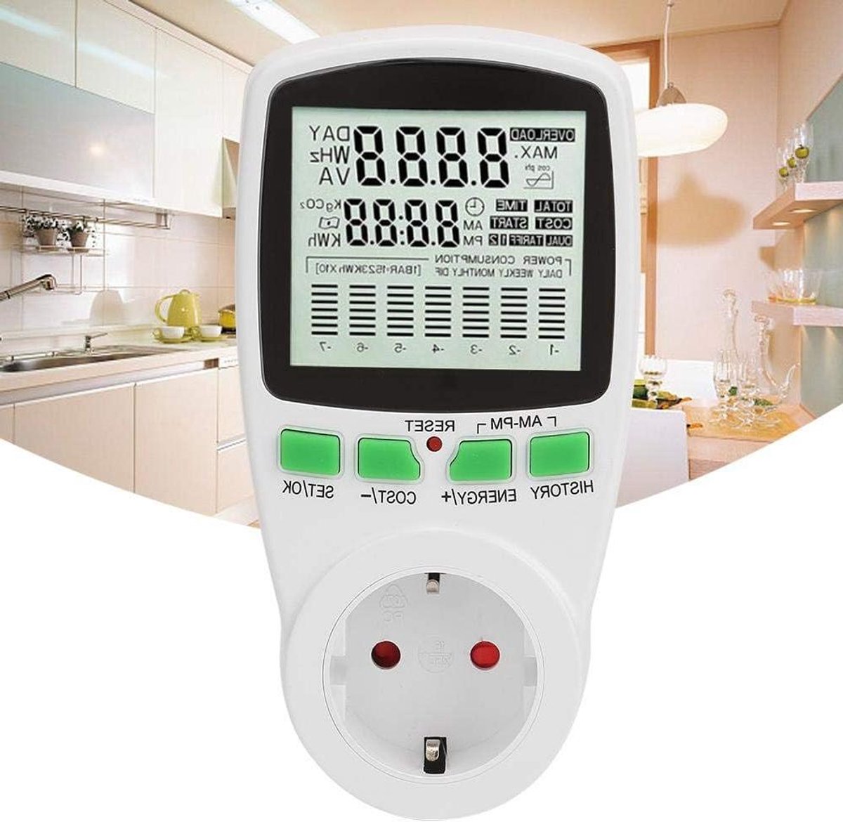Energie Meter - Stroomverbruik Monitor - Bespaar Energiekosten - Groot Scherm - 16A - Multicolor