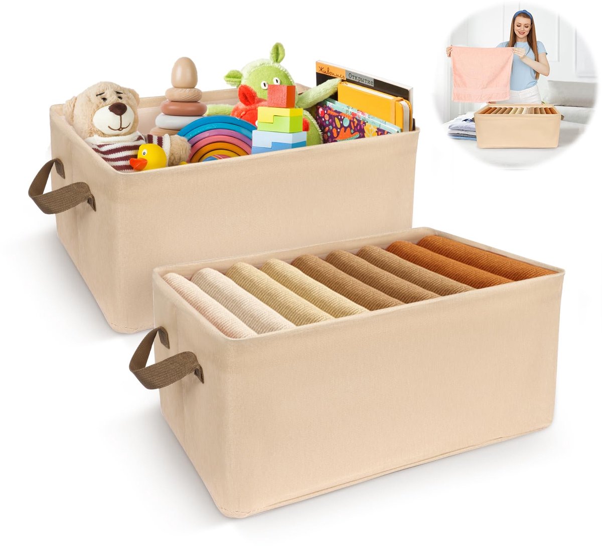 Opbergdoos, set van 2, opvouwbaar, met handvat, box, kast, organizer, Oxford-stof, opbergmand, opbergmand voor badkamer, beige