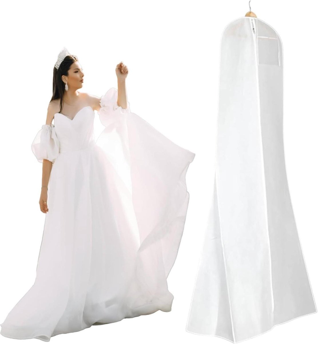 Kledinghoes Bruidsjurk - Beschermhoes Lange Kleding - Kleding Opbergen - Ademend Stof - 180 cm - Wit