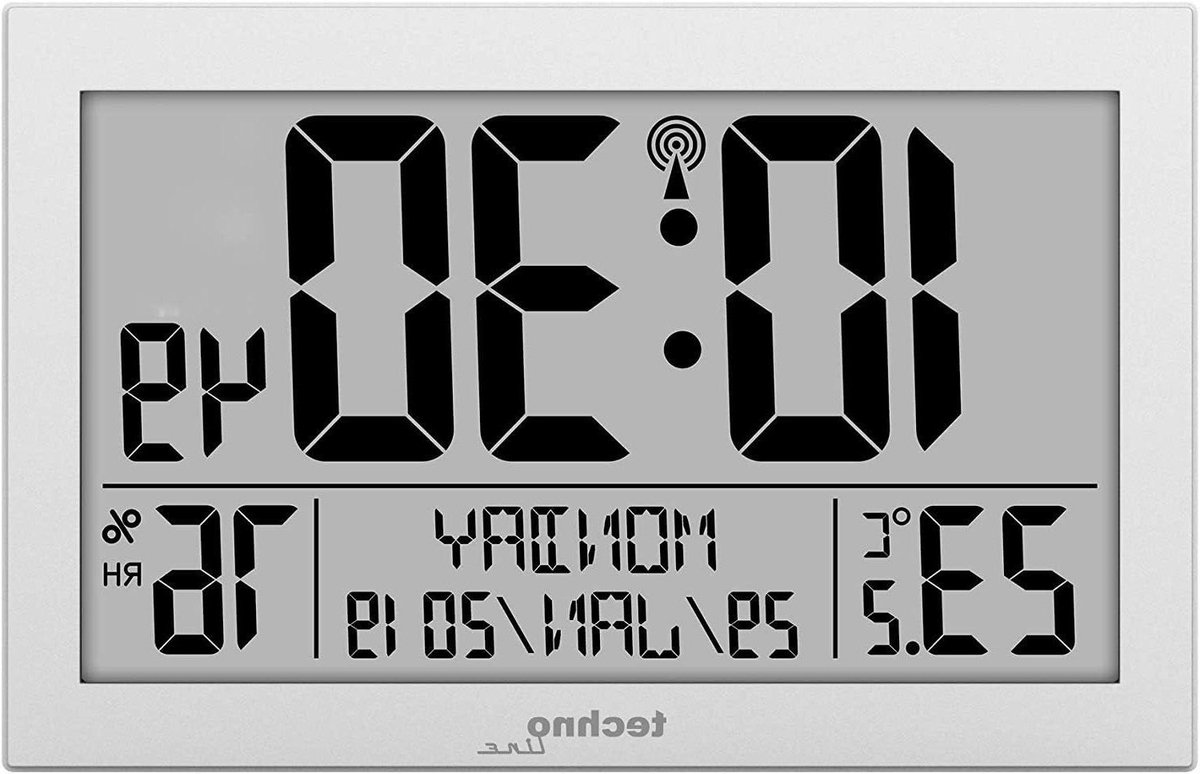 Digitale Wandklok - Radiogestuurde Klok - Tijd Weergeven - Temperatuur Vochtigheid - 22.5 cm - Wit