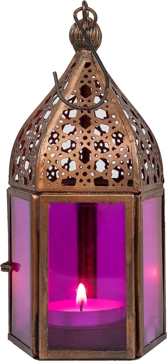 Oosterse lantaarn - Windlicht metaal - Sfeerverlichting creëren - Metaal en glas - 16 cm - Roze