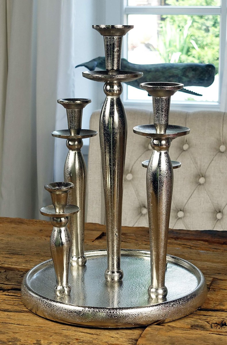Kandelaar kandelaar 5-armig aluminium zilver Raw - kandelaar groot op dienblad - decoratieve decoratie moderne woonkamer - XL 31x31x44 cm