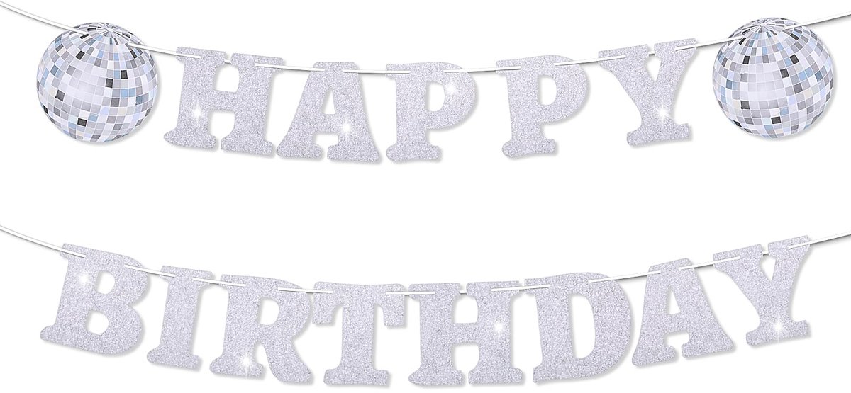 Party Verjaardagsdecoratie Girlande Set Zilver Happy Birthday Banner en Discobal Hangend Wervel Verjaardagsdecoratie Happy Birthday Girlande voor Verjaardagsdecoratie 70er 80er 90er Feest