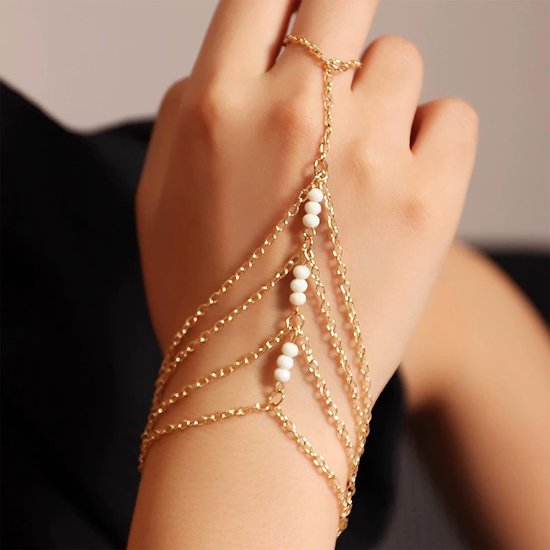 Boho vingerring armband goud slavenring pols armband gelaagd kleine parel handketting bruiloft kwast handketting sieraden voor vrouwen — afbeelding 3