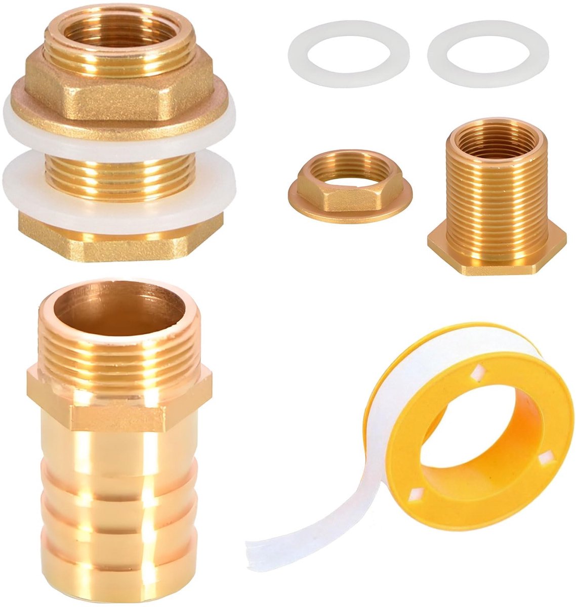 2 stuks messing tankschroefverbinding, 1 inch buitendraad x 3/4 inch binnendraad, regentondoorvoer, met slangtuit 25 mm, tankschroefverbinding, voor kranen, watertonnen, watertanks