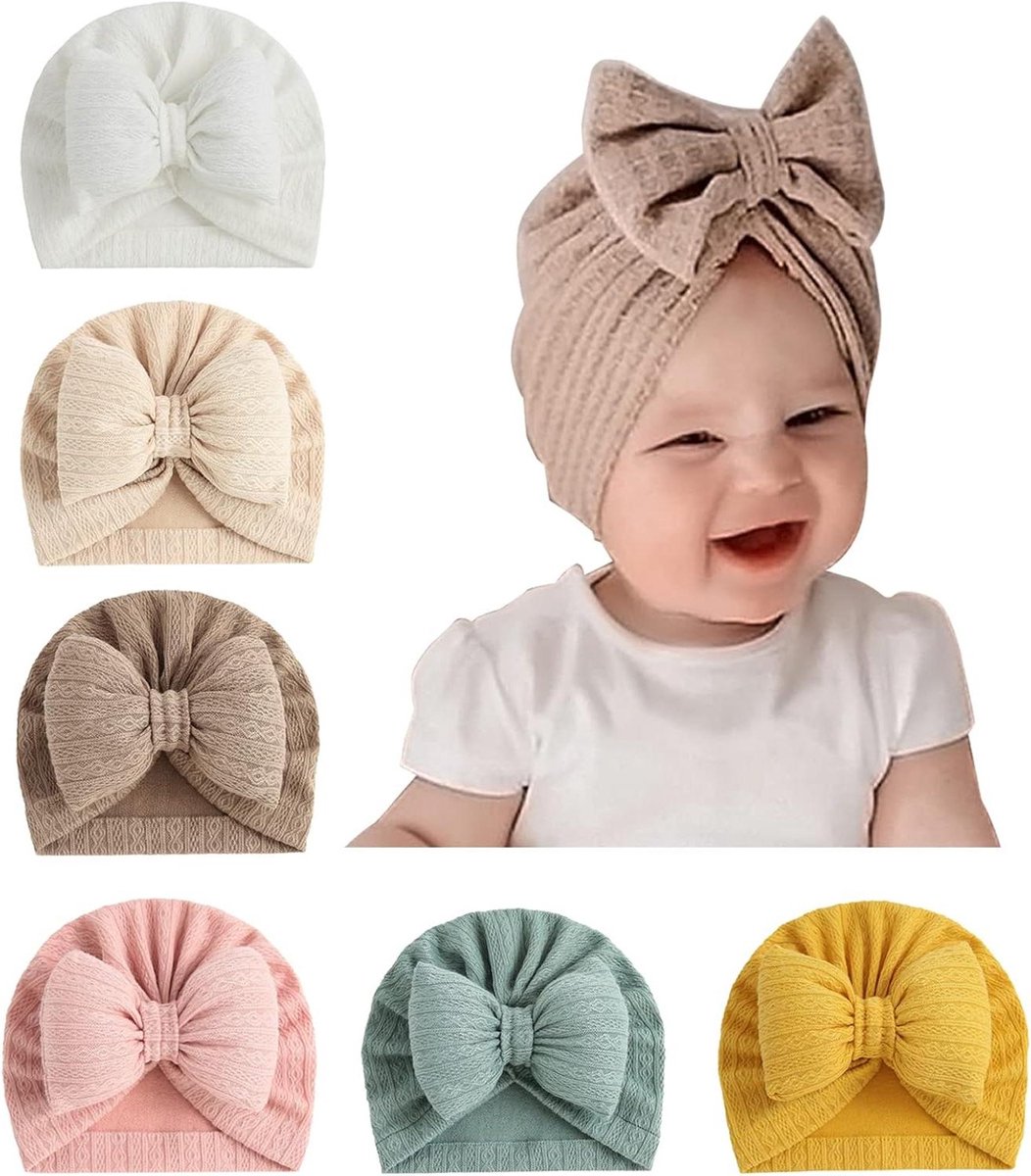 Baby Mutjes Set - Babymutsjes Turban - Baby Verzorging - Met Strik - 5/6 Stuks - Unisex