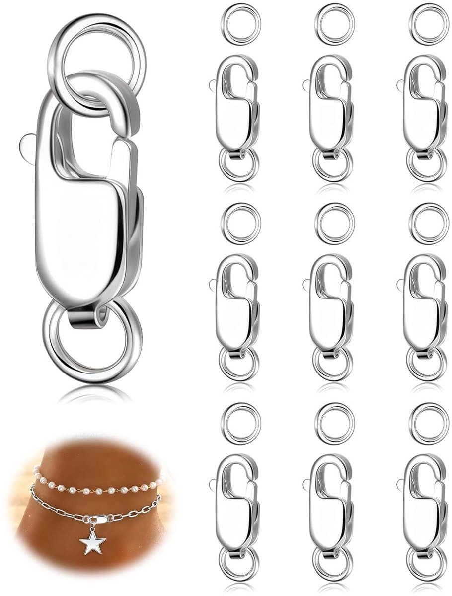Karabijnsluiting roestvrij staal 10 mm met gesloten buigringen sieradensluiting voor halsketting armband doe-het-zelf sieraden maken parelarmbanden, zilver